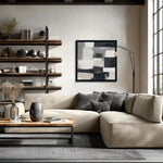Load image into Gallery viewer, Original handmade abstract painting in black, white, grey, and beige tones, minimalist geometry adding serene artistry to any space.
