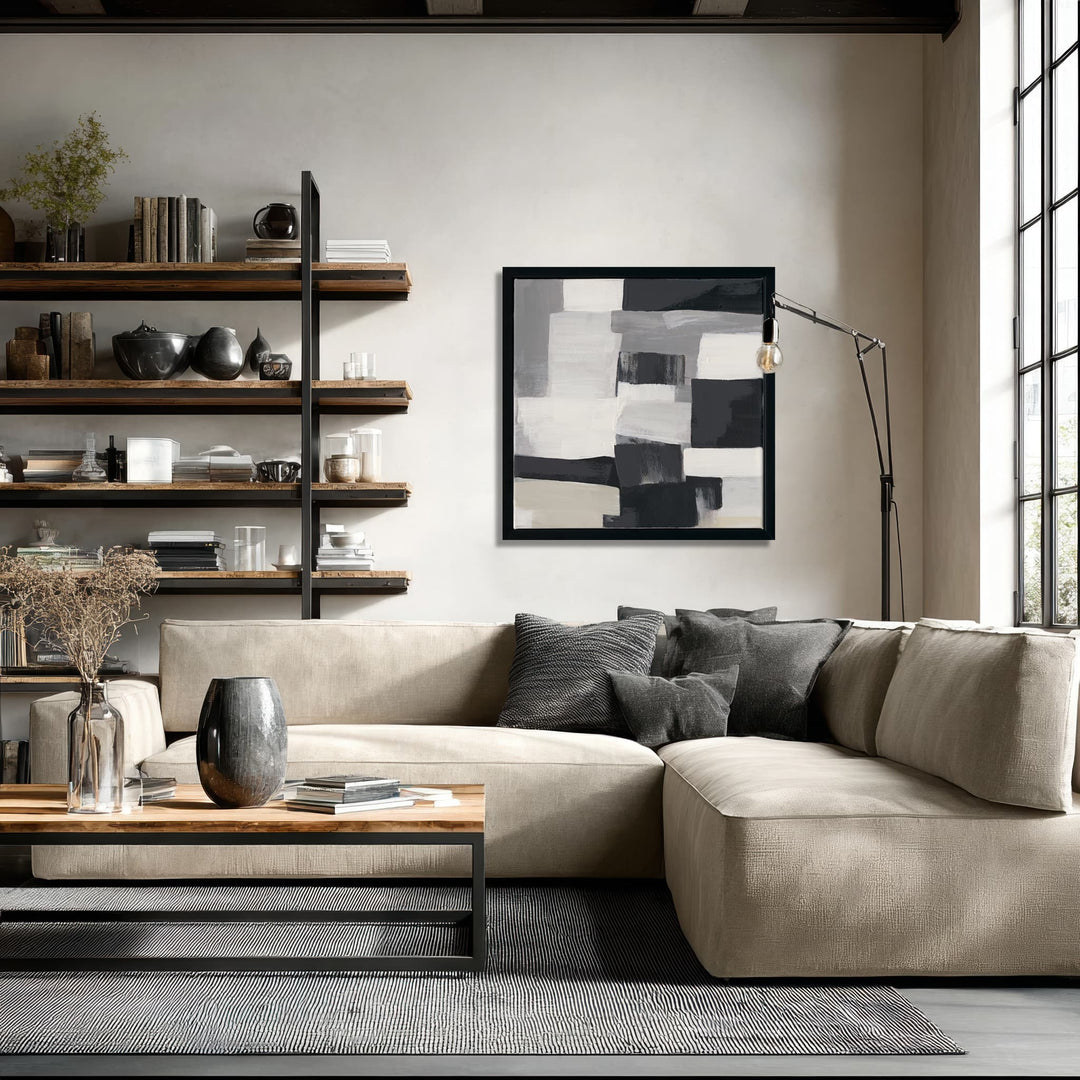 Original handmade abstract painting in black, white, grey, and beige tones, minimalist geometry adding serene artistry to any space.