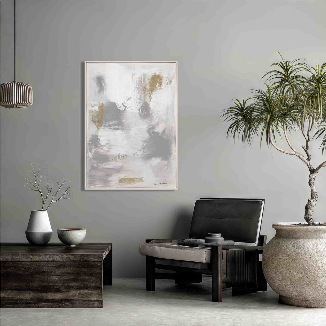 Handmade Abstract Wall Art – Gray and White Painting with Gold Accents
