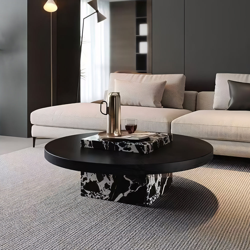 Black Round Coffee Table with Marble-Pattern Pedestal Base for Contemporary Living Rooms