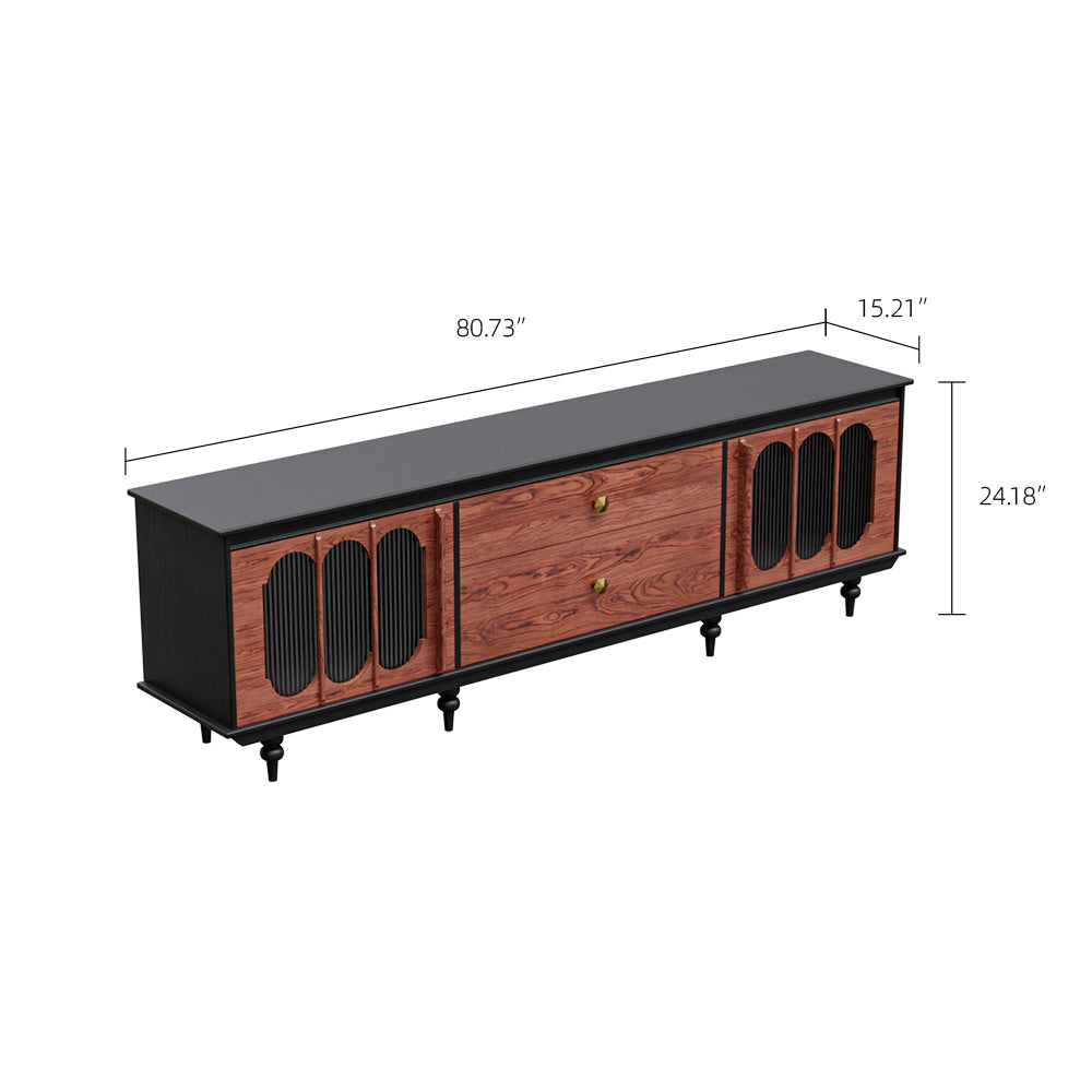80.73''French Style TV Cabinet Two-Tone Finish Curved Glass Doors High-Leg Frame Dual Drawer Storage