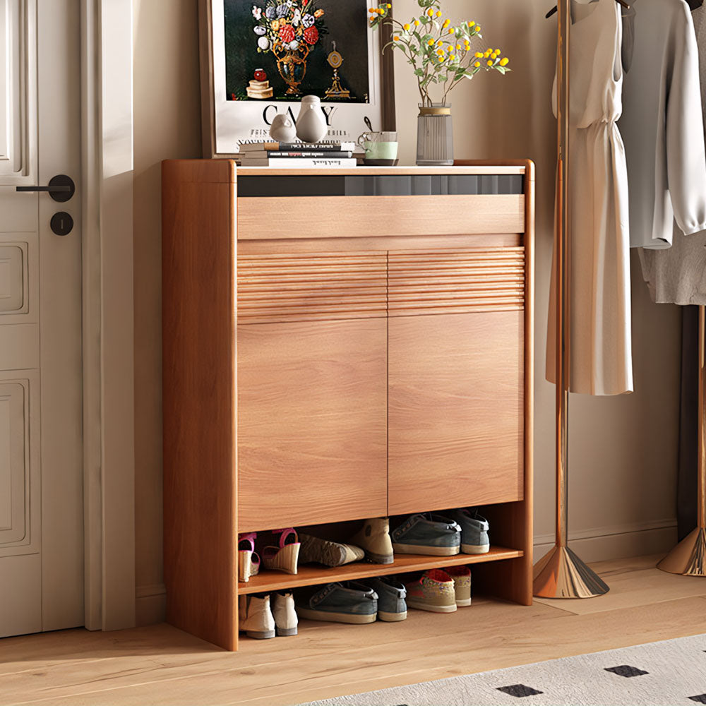 Modern Wood Shoe Cabinet with Doors Natural Entryway Storage Organizer with Open Shelf