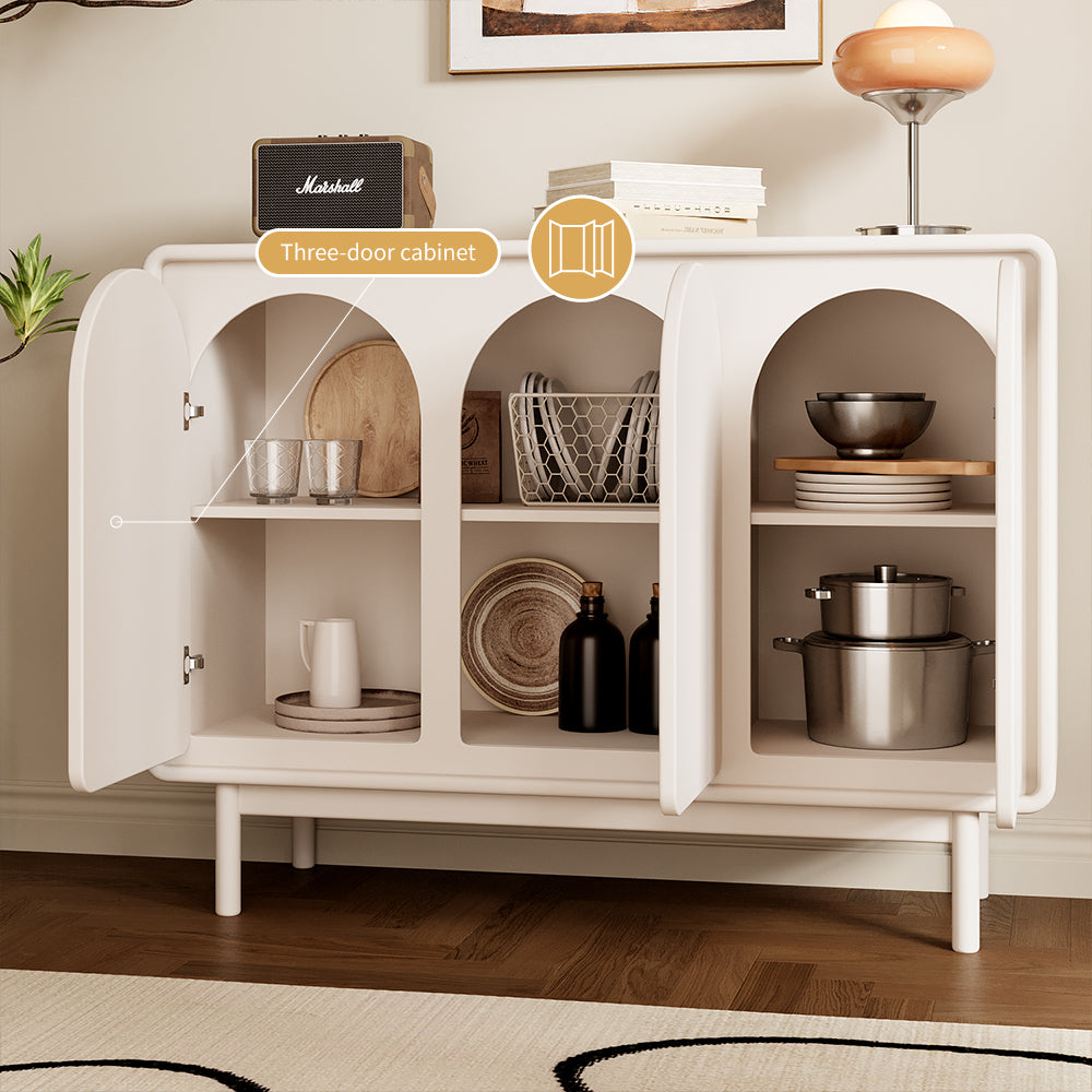 3-Door Sideboard Cabinet Unique Curved Surface Adjustable Shelves Matte White