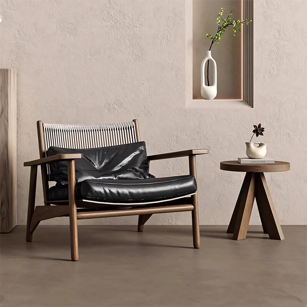Indoor & Outdoor Solid Wood Lounge Chair with Handwoven Rope Backrest and Plush Cushions 1 Piece
