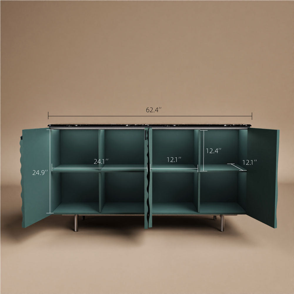 62.4" Modern Ripple Design Green Sideboard with Black Stone Top