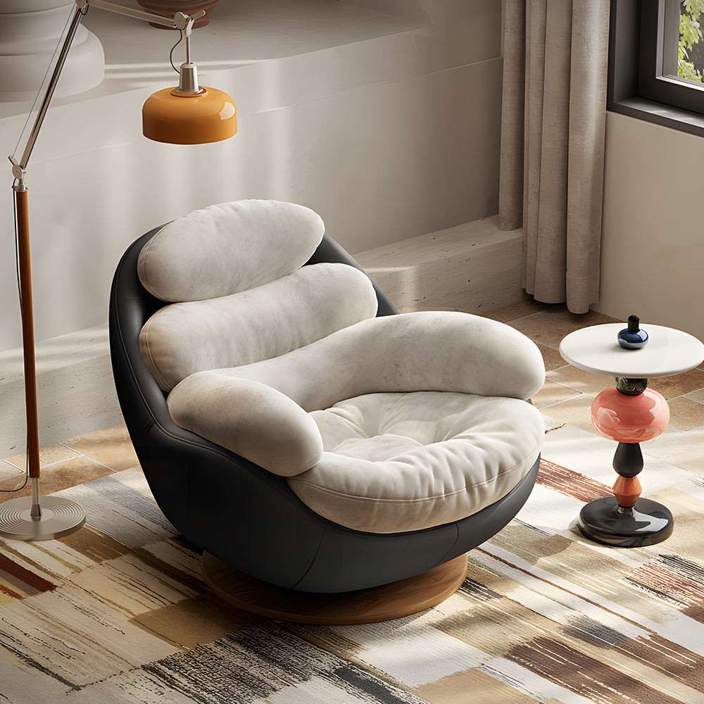 Modern Swivel Lounge Chair with Plush Cushions and Wooden Base