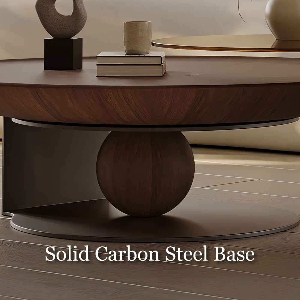 Modern Round Coffee Table with Glass Side Table Walnut Finish Center Table with Sculptural Base