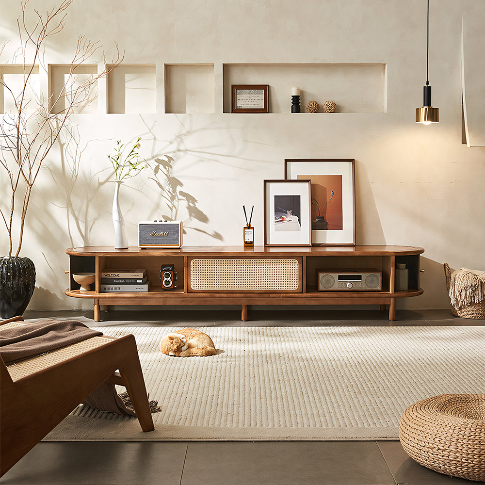 70.2'' TV Stand Sliding Rolling Door Rattan TV Console Media Cabinet for Modern Living