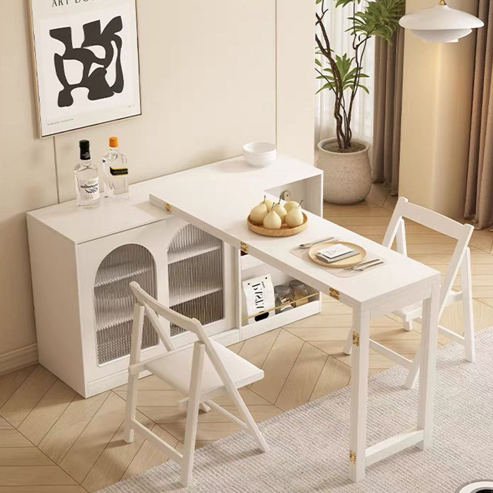 Multi-Functional Dining Table Rotating & Foldable Sideboard Sintered Stone Top Storage Cabinet with Fluted Glass Doors
