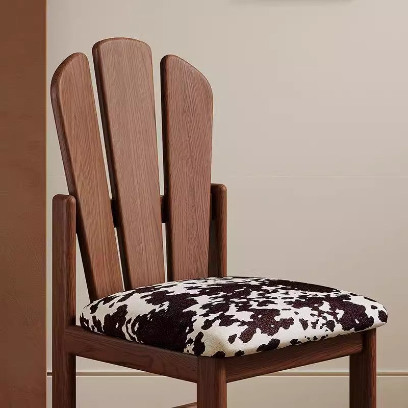17''2PCS Vintage Style Dining Chair Solid Wood Fan Back Cowhide Pattern Seat