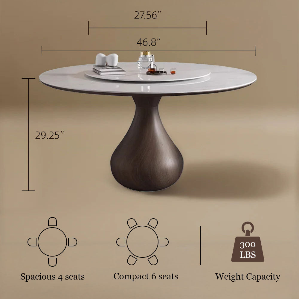 Round Dining Table Wooden Base and Ceramic Stone Top Modern Aesthetic