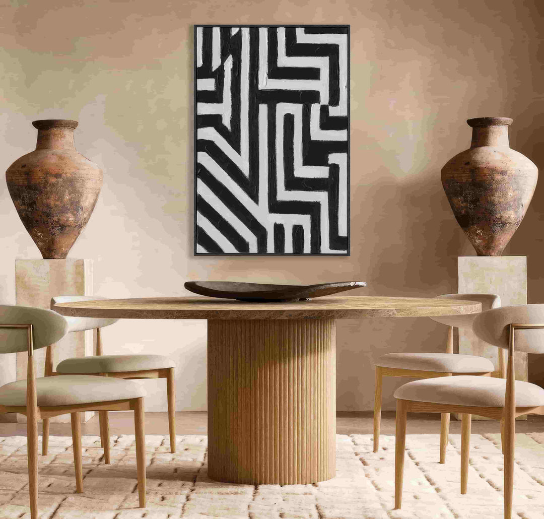 Handmade Textured Wall Art – Black & White Geometric Abstract Painting