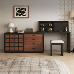 Load image into Gallery viewer, Modern Japandi Vanity Desk with Storage Cabinet Walnut Finish Makeup Table with Drawers Black Frame with Stool
