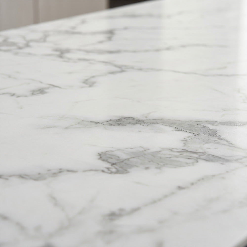 Modern Rectangular Dining Table with Marble-Look Top and Sculptural Pedestal Base