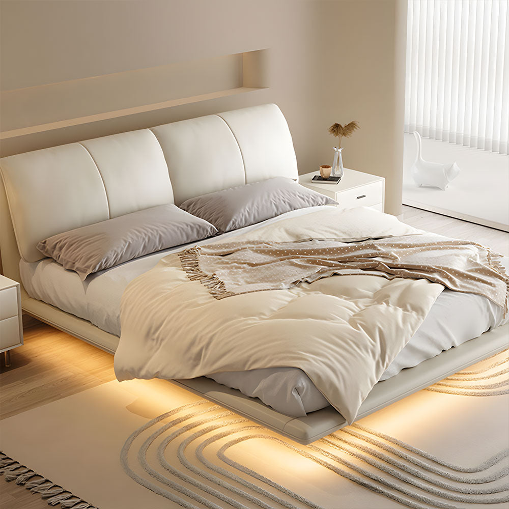 Modern Minimalist Platform Bed with LED Lighting Ultra-Fiber Leather Steel Frame