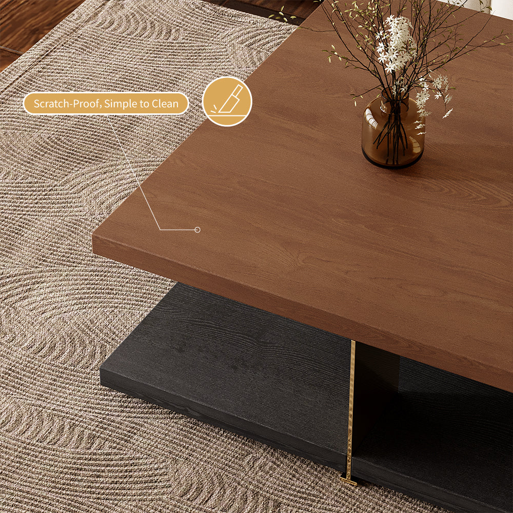 35.1″ Square Coffee Table with Dual-Tone Wood and Stone Base Modern Minimalist Design with Gold Metal Accents