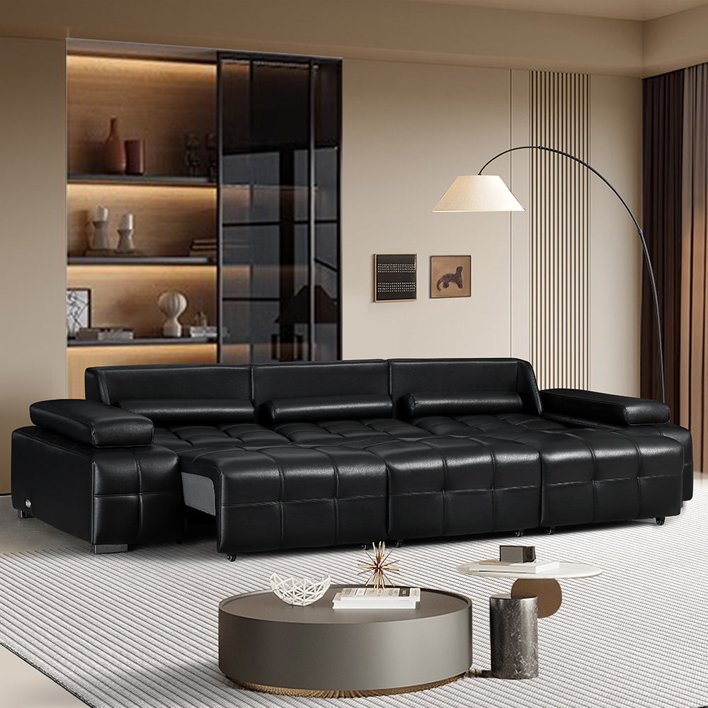 Luxury Sofa Black Genuine Leather Electric Power Recliner with Smart Voice Control for Ultimate Comfort