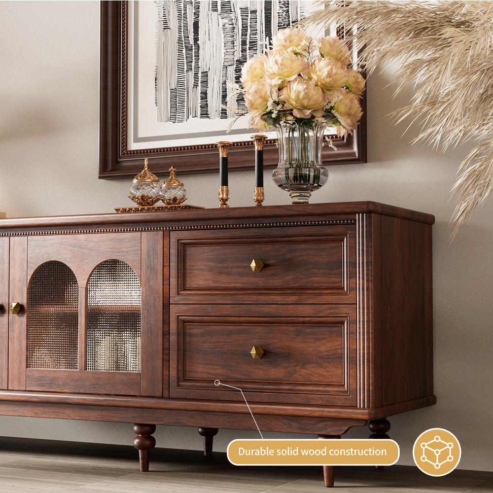 78'' Neo-Chinese Style TV Cabinet Solid Wood Drawers Arch Glass Doors Elevated Storage Base