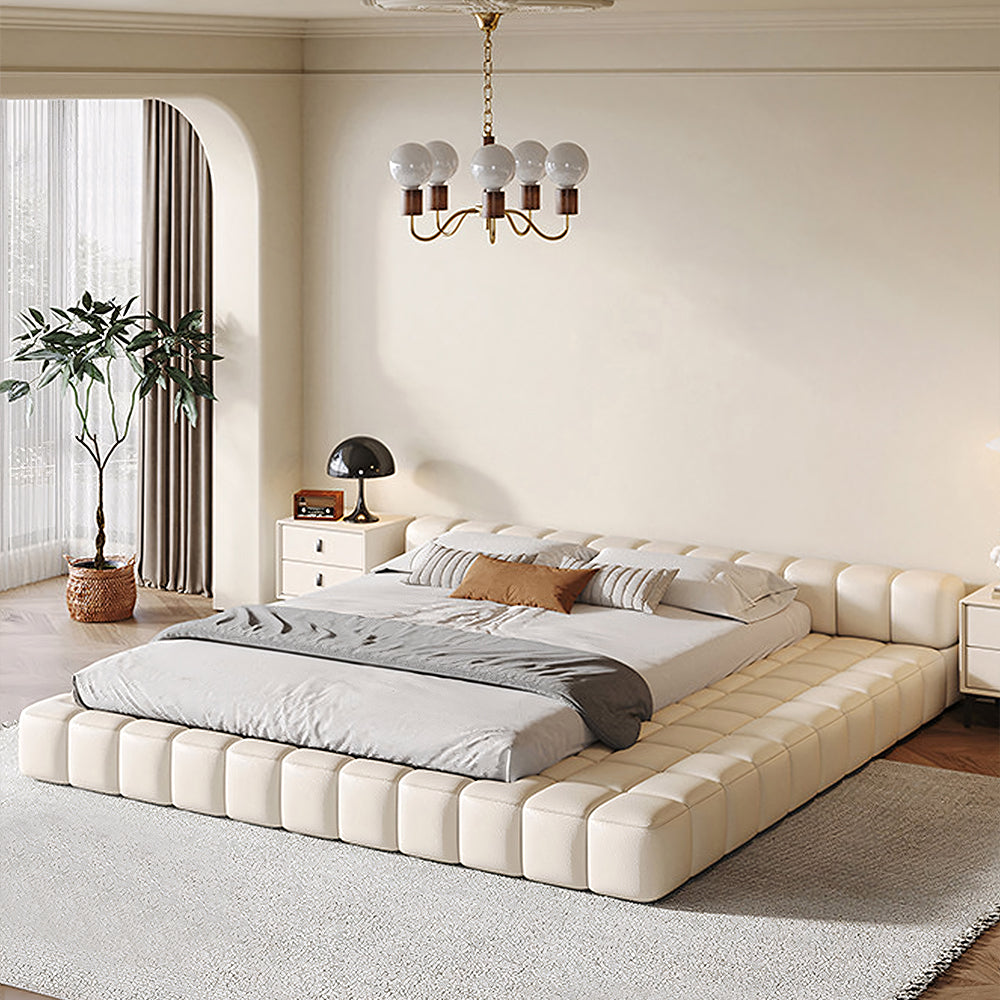 Modern Minimalist Modular Bed with Soft Cushioned Edges Ultra-Fiber Leather Steel-Wood Slatted Frame