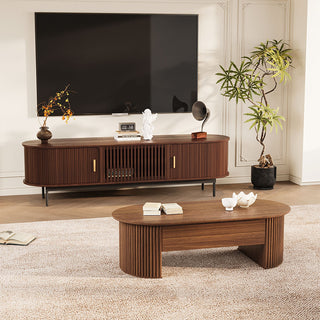 Contemporary Living Suite: Walnut Curved TV Stand & Oval Lift-Top Coffee Table Set