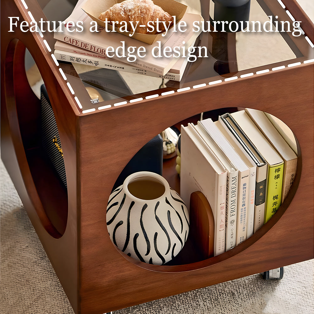 Modern Rattan Nightstand Rolling Side Table Solid Wood Mobile Bedside Cabinet with Storage