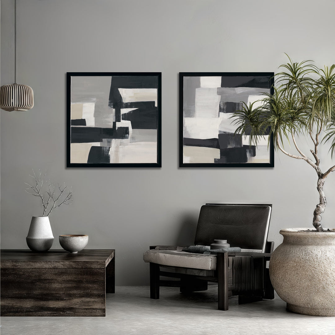 Original hand-painted minimalist abstract, calm tones and geometry creating an artistic ambience.