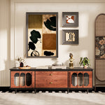 Load image into Gallery viewer, 80.73&#39;&#39;French Style TV Cabinet Two-Tone Finish Curved Glass Doors High-Leg Frame Dual Drawer Storage
