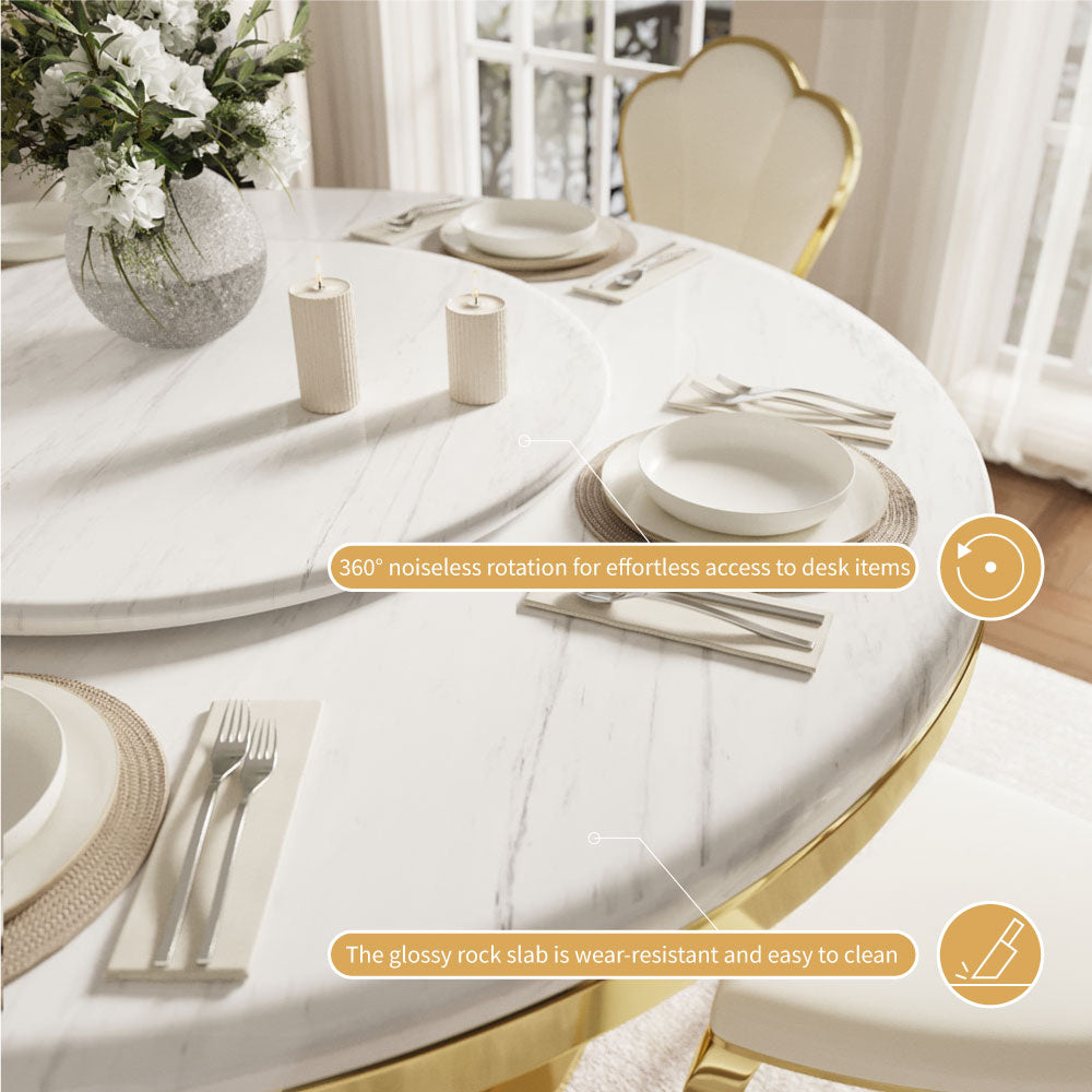 Round Dining Table with Lazy Susa Ceramic Top Gold Metal Base for 4-6 People