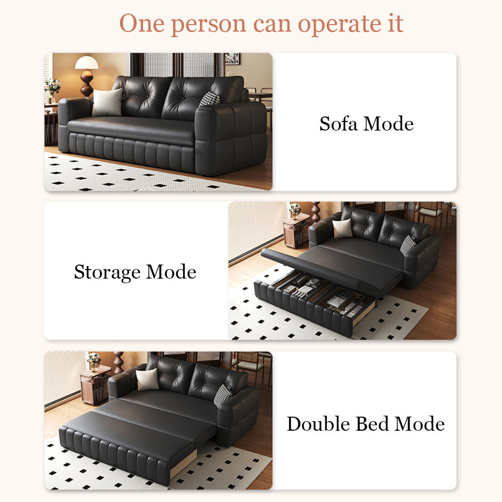 Modern Black Leather Sofa Bed with Pull-Out Sleeper Convertible 2-in-1 Couch