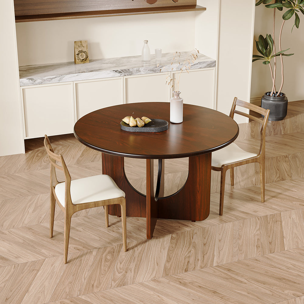 46.8'' Walnut Finish Round Dining Table with Curved Base Modern Minimalist Style