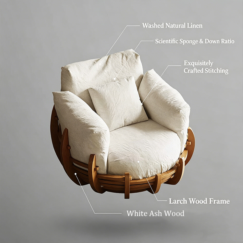 Modern Solid Wood 360° Swivel Lounge Chair with Cushions and Sculptural Frame