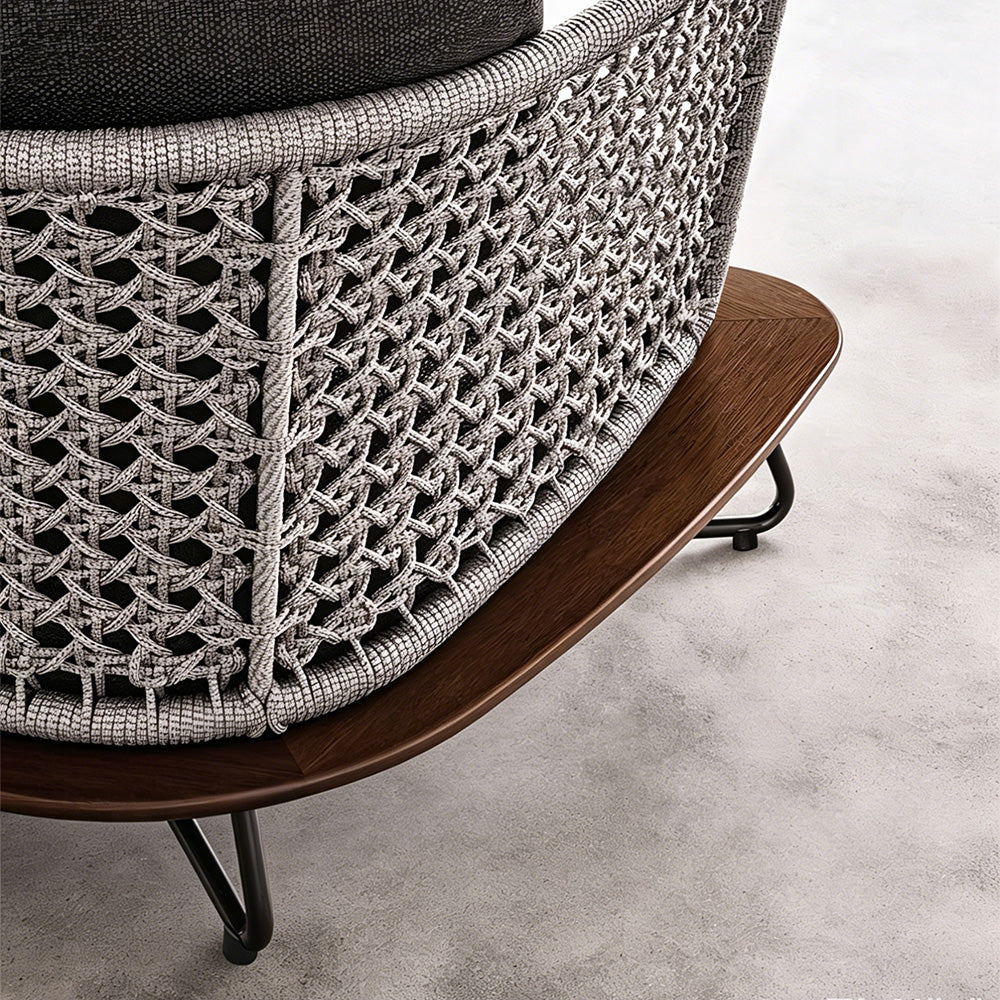 Modern Outdoor Lounge Chair with Handwoven Rope Backrest and Solid Wood Base