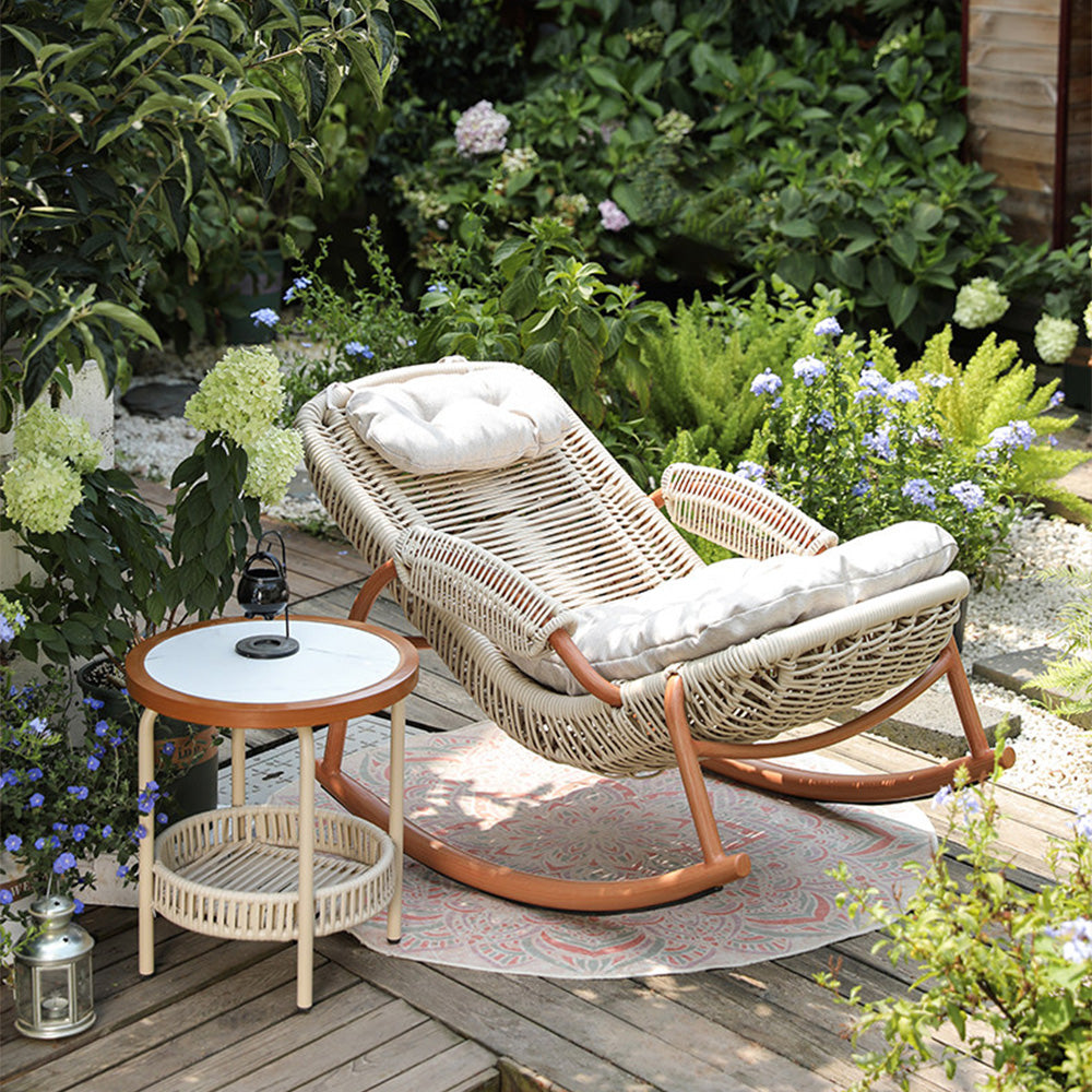Modern Outdoor Rocking Lounge Chair with Cushioned Seat and Woven Frame