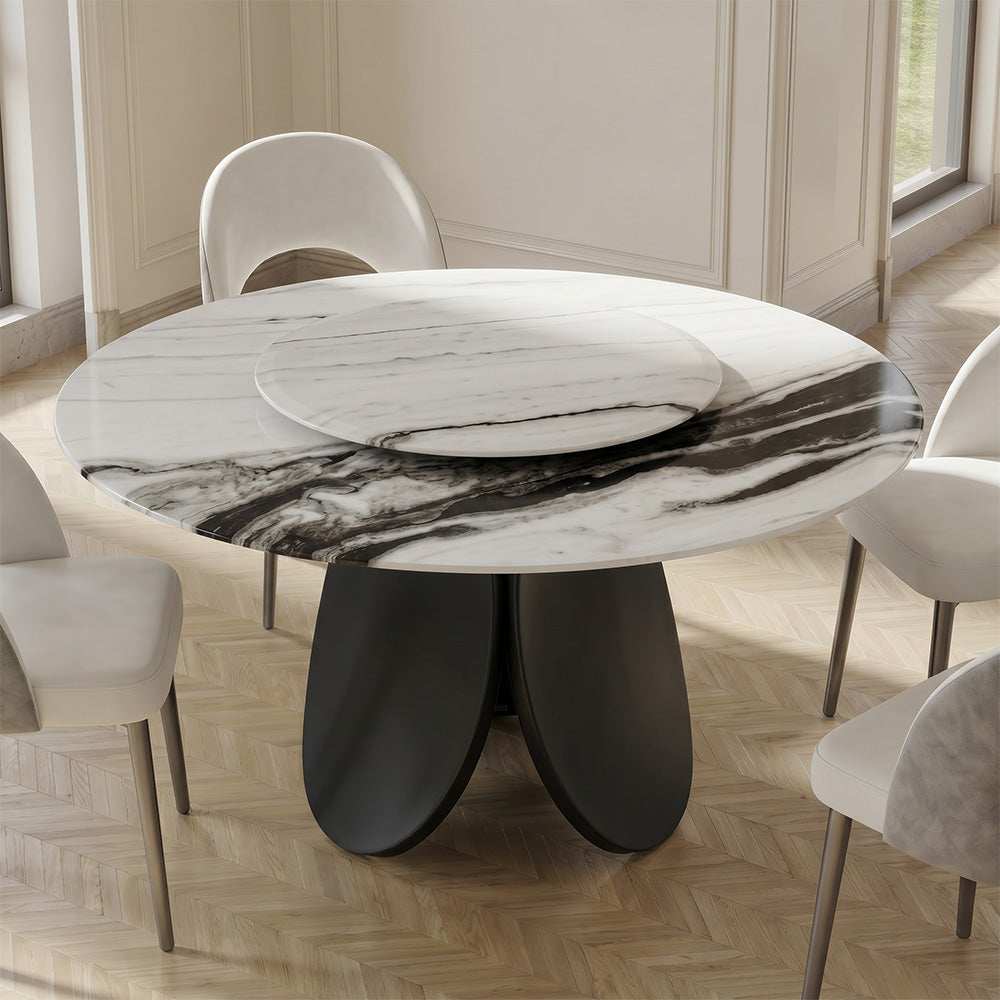 Modern Round Dining Table with Rotating Lazy Susan and Black Pedestal Base
