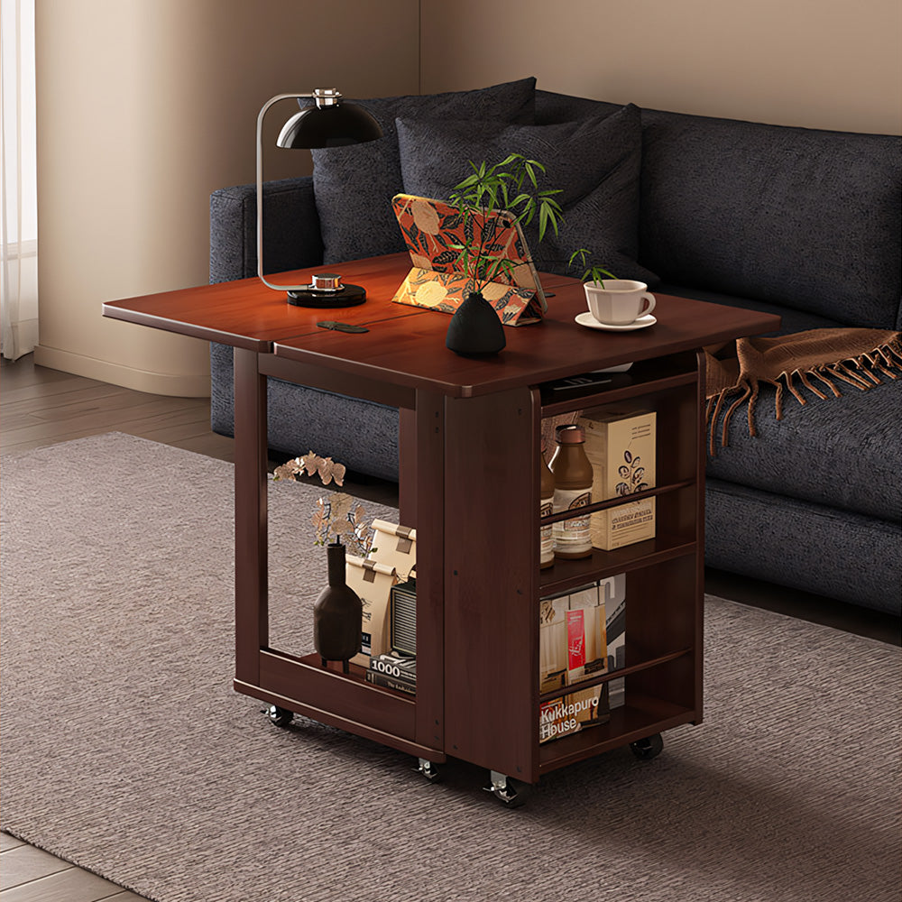 Modern Extendable Coffee Table with Storage Rolling Wooden Coffee Table with Swivel Casters and Shelves Multi-Functional Living Room Table