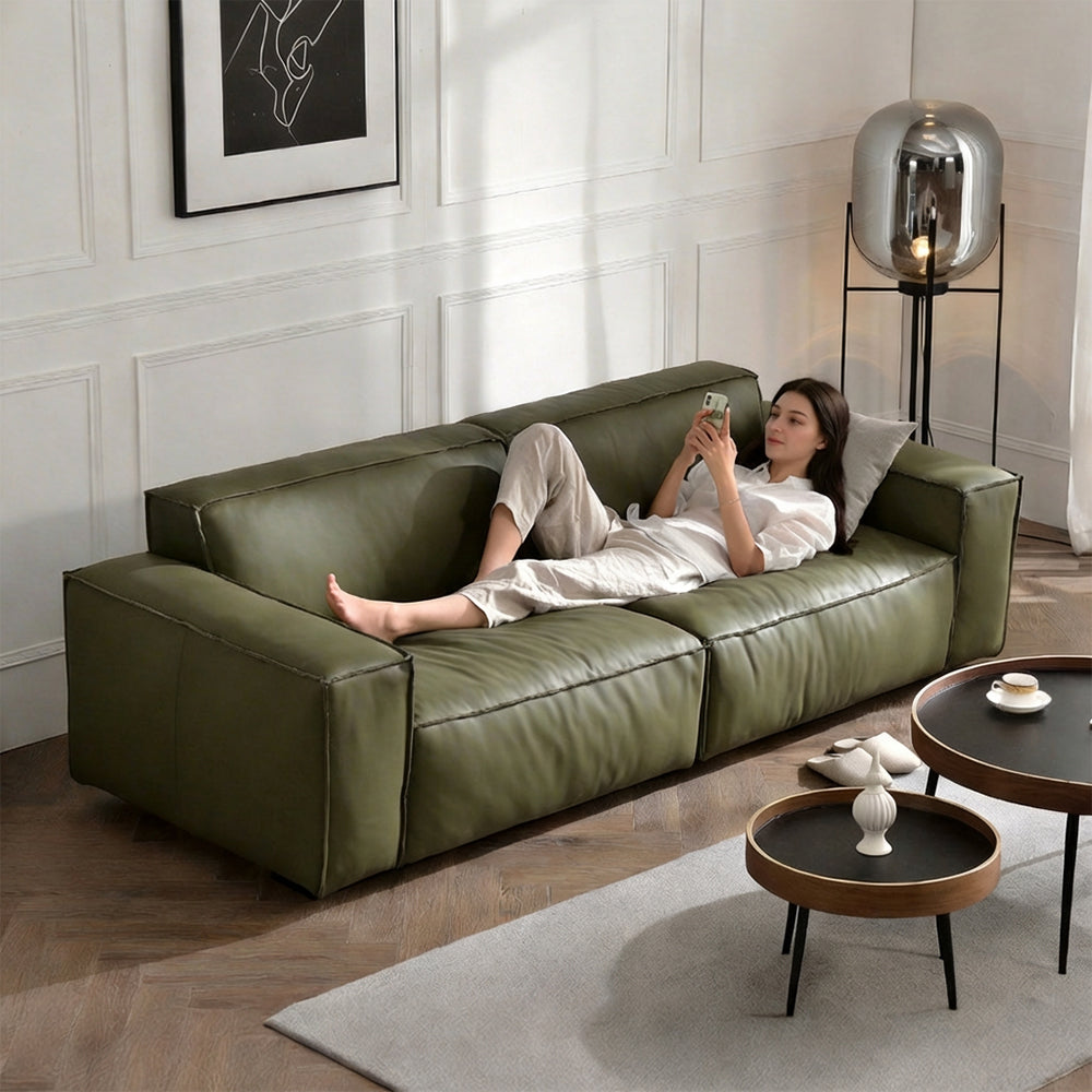 Modern Leather Sofa Boxy Low-Profile Design with Wide Arms