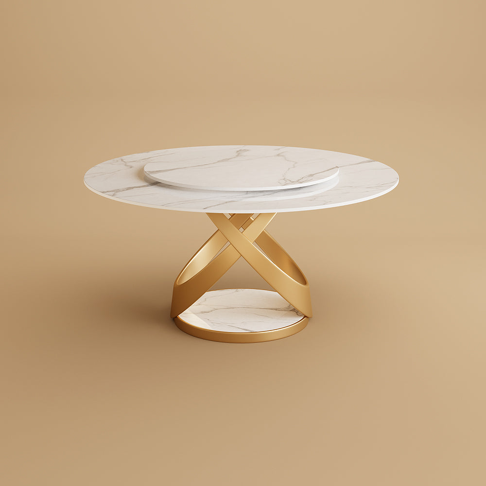 Round Dining Table Lazy Susan Marble Effect X Metal Base Perfect for 4-6 People
