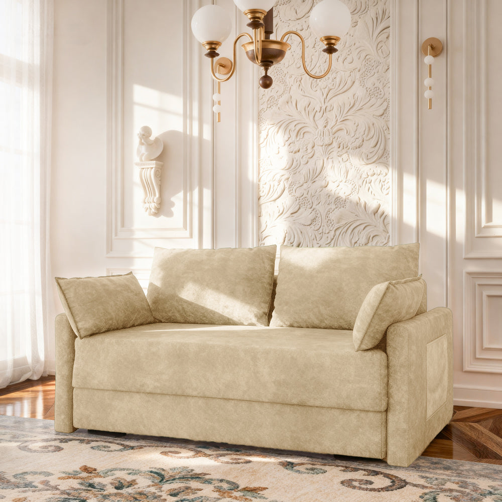 65.5" Sofa Convertible Sofa Bed Wrinkle-resistant Linen Lightweight Loveseat Wooden Armrest