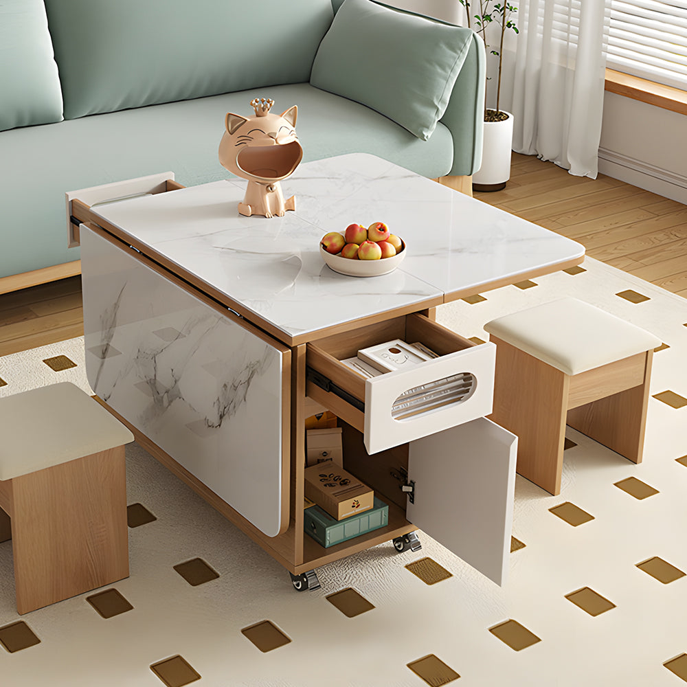 Multi-Functional Folding Coffee Table with Hidden Storage Extendable Design Easy Mobility & 2 Stools