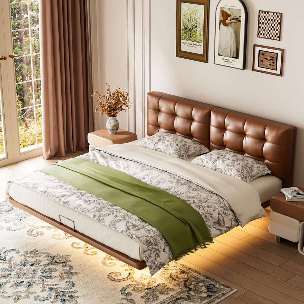 Modern Floating Bed with LED Lighting & Upholstered Headboard