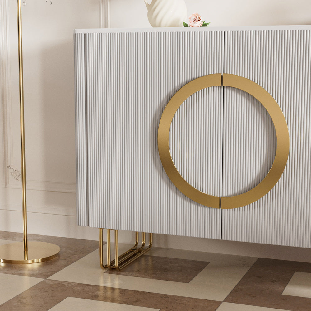 62.4" Sleek Modern White and Gold Buffet Cabinet with Circular Accents