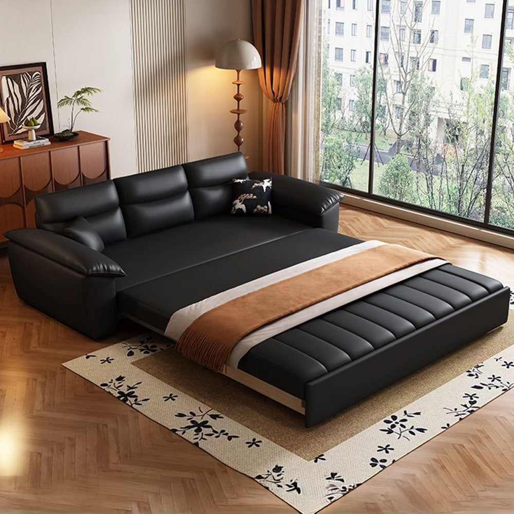 Sofa bed partially converted to a bed with storage visible underneath