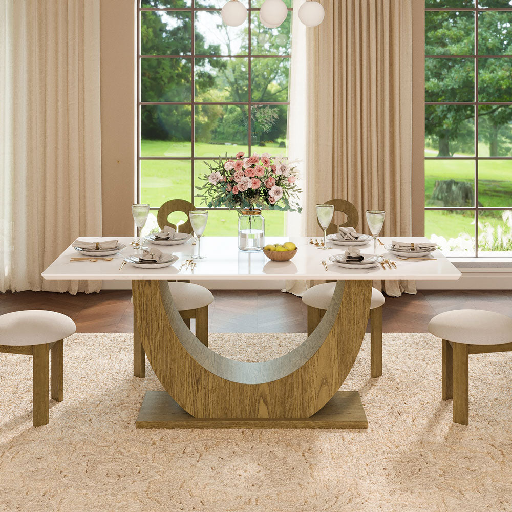 62.9''/70.8'' Modern Marble-Effect Dining Table with Sculptural Wood Base