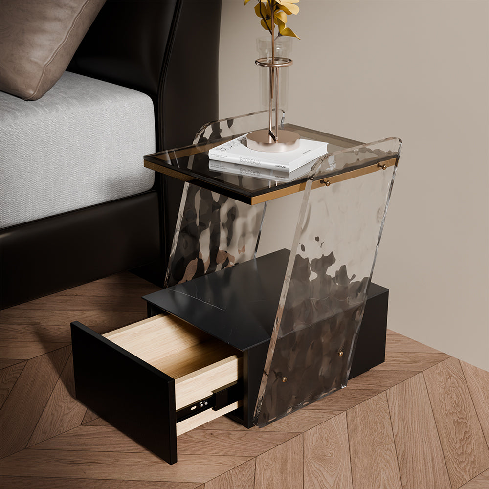 Modern Sculptural Nightstand Bedside Table with Scratch Resistant Leather & Smart Sensor Lighting