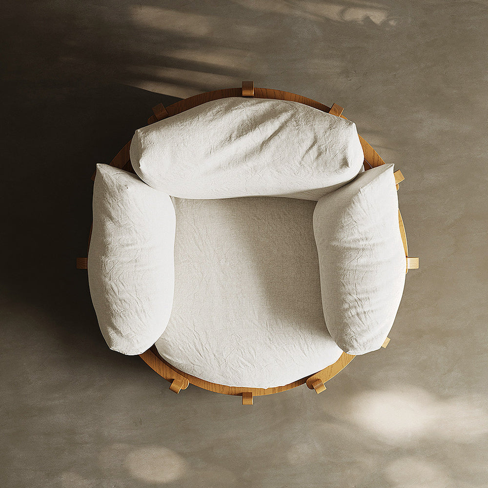 Modern Solid Wood 360° Swivel Lounge Chair with Cushions and Sculptural Frame