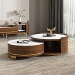 Load image into Gallery viewer, 31.5&quot; Round Nesting Coffee Table Set with Drawer Marble Texture Top Walnut Minimalist Storage Design
