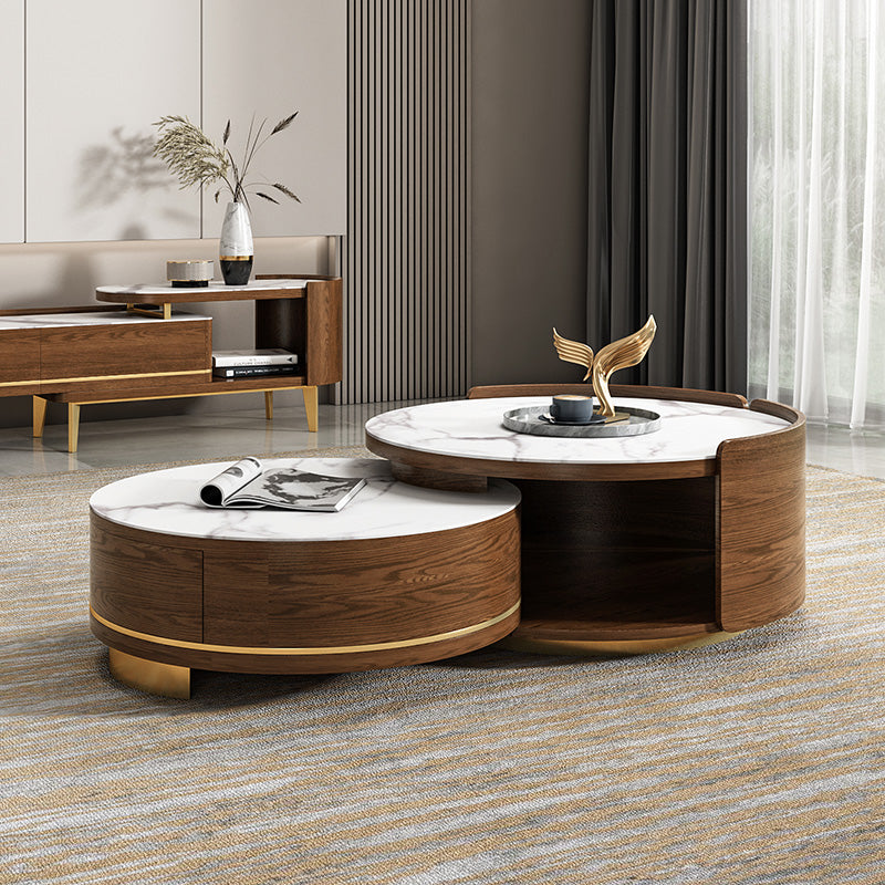 31.5" Round Nesting Coffee Table Set with Drawer Marble Texture Top Walnut Minimalist Storage Design