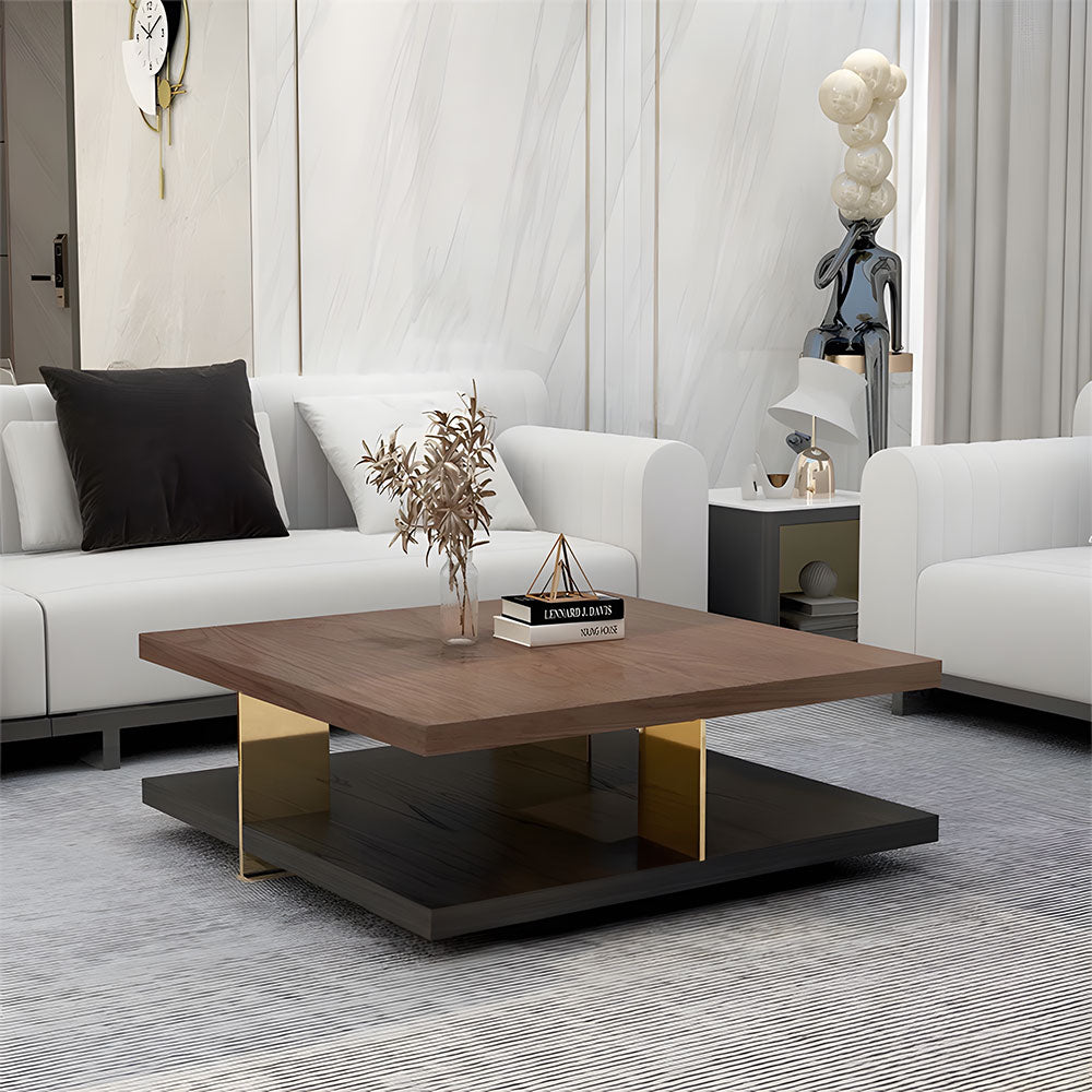 35.1″ Square Coffee Table with Dual-Tone Wood and Stone Base Modern Minimalist Design with Gold Metal Accents