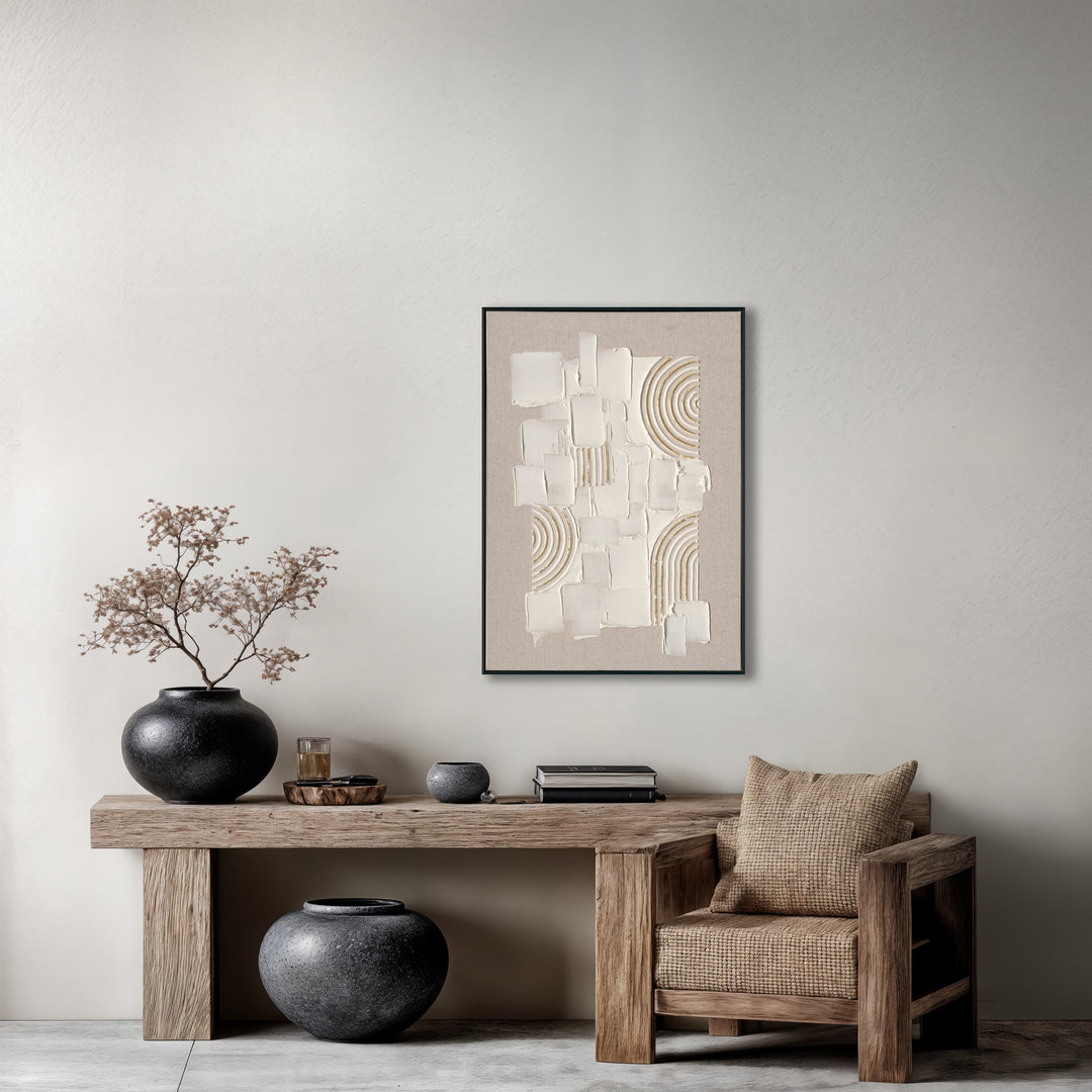 Original hand-painted texture art, merging plaster blocks with golden arcs, minimalist yet full of artistic tension.