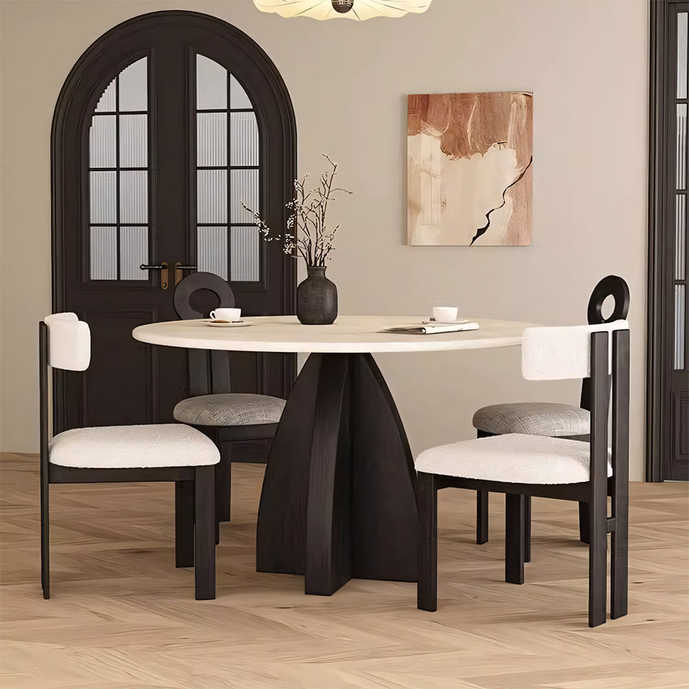 Modern Round Travertine Dining Table Solid Wood Pedestal Base Minimalist Dining Room Table